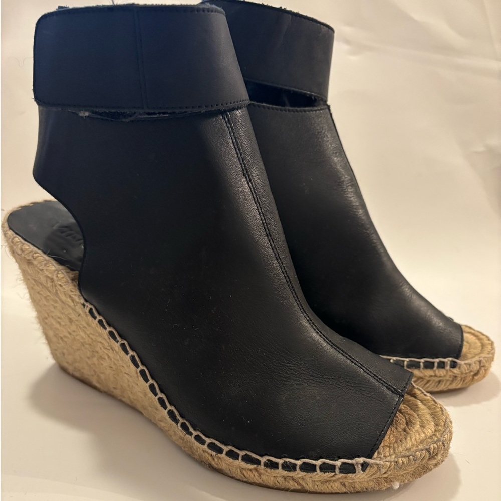 Vince Black Leather Espadrille Wedge Sandals
